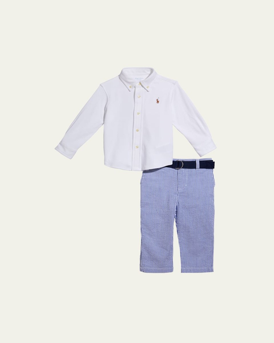 Boy's Solid Shirt With Striped Pants, Size 3M-24
